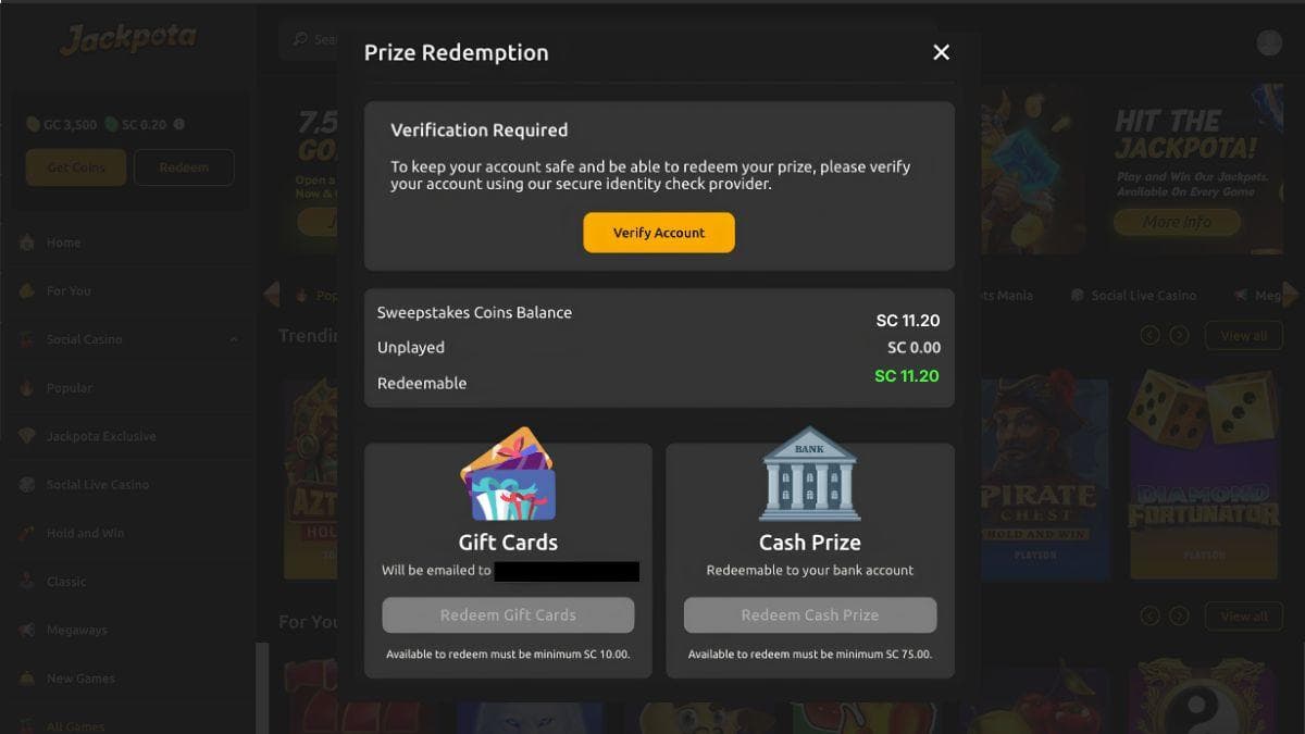 screenshot of jackpota casino redemption page