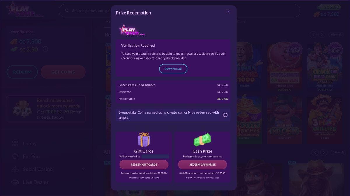 screenshot of playfame redemption page