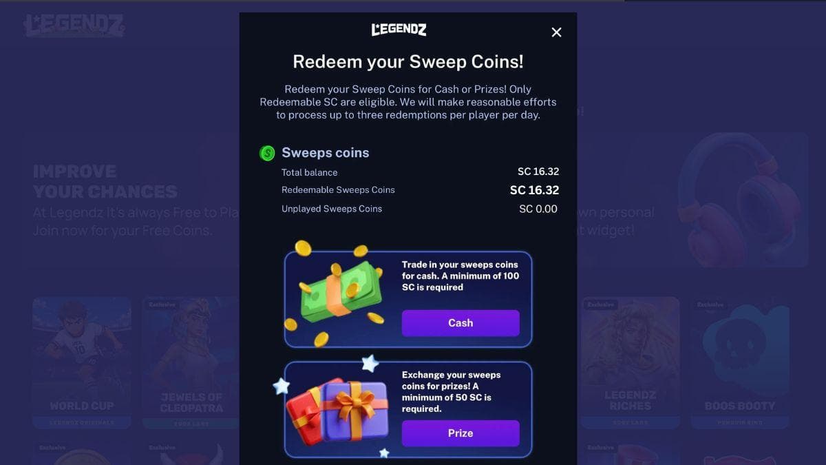 screenshot of legendz casino redemption page