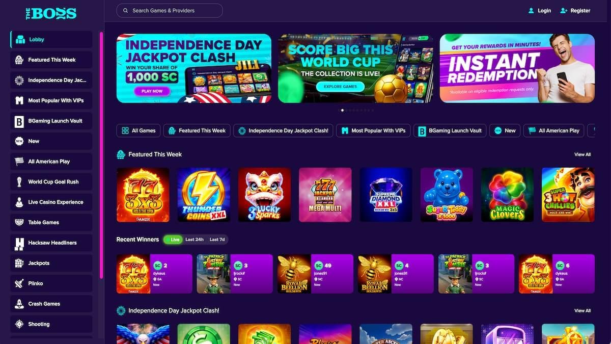 screenshot of the boss casino home page