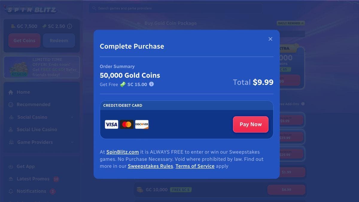 screenshot of spinblitz purchase page