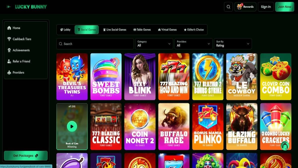 screenshot of lucky bunny casino home page