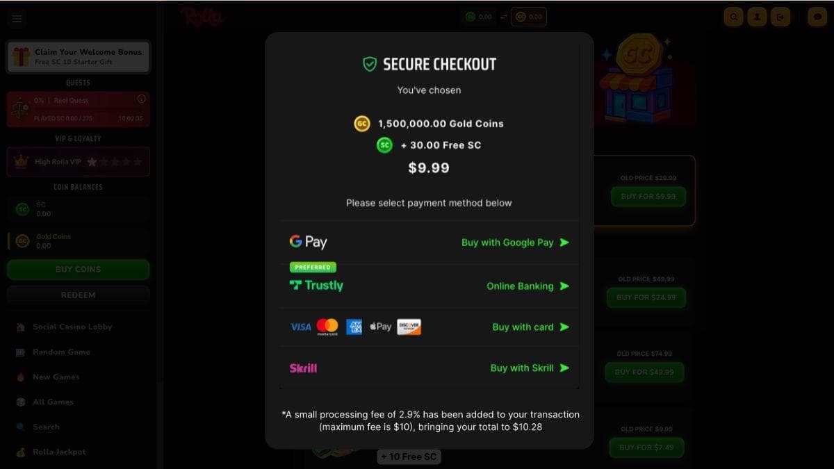 screenshot of rolla casino checkout page