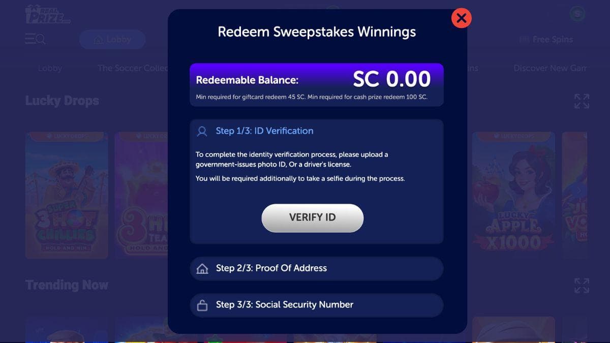 screenshot of realprize casino redemption page