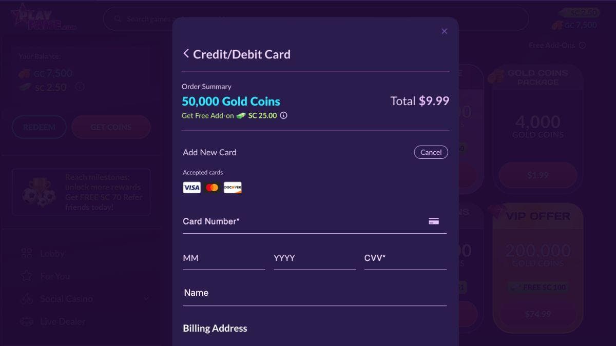 screenshot of playfame credit card payment method