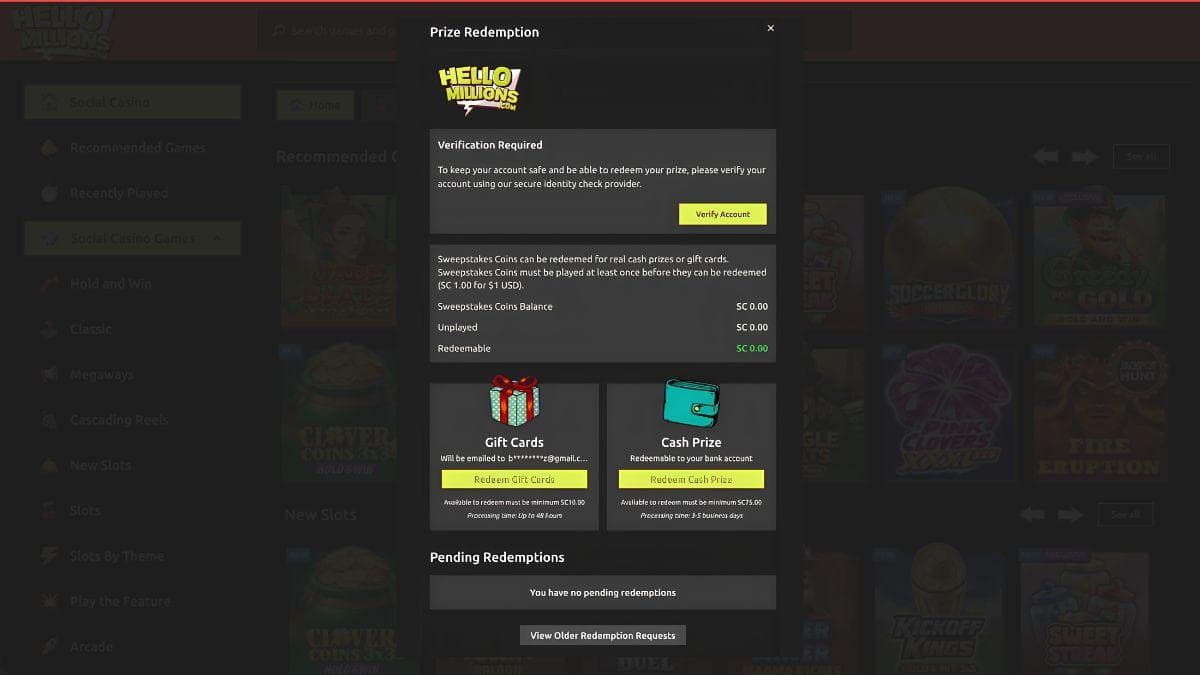 screenshot of hello millions redemption page