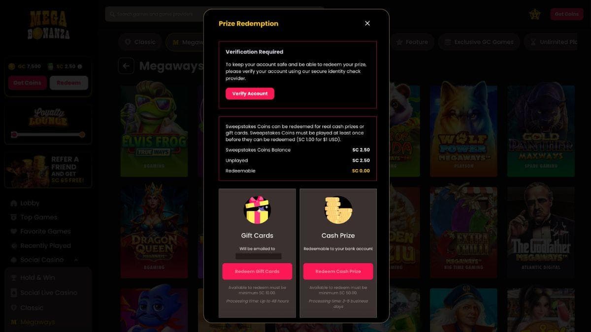 screenshot of megabonanza redemption page