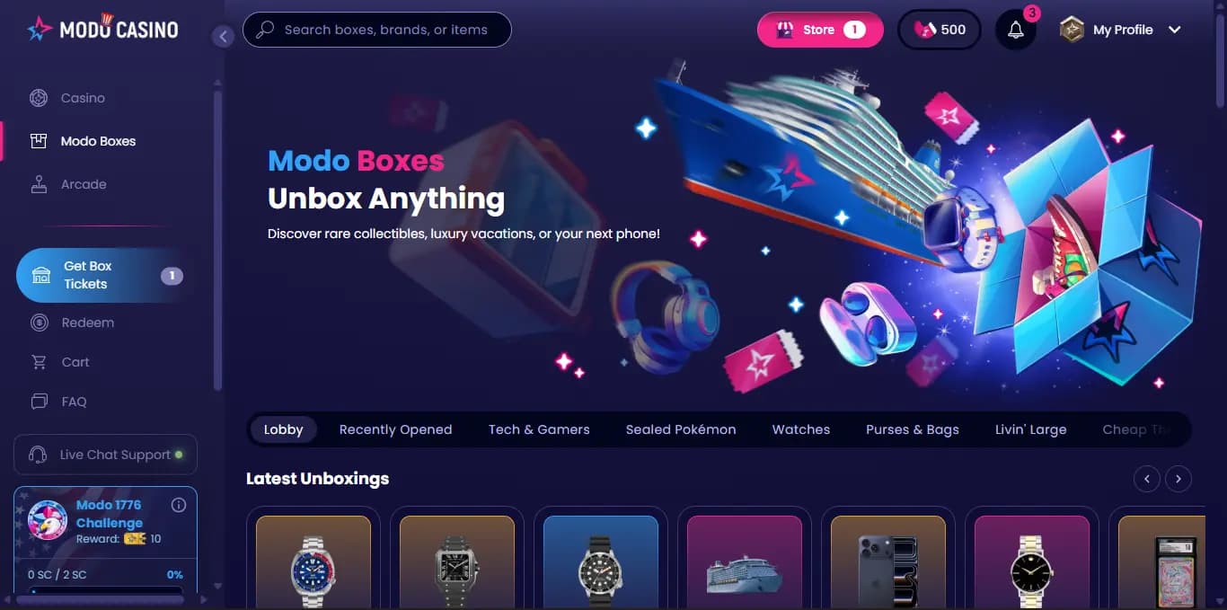 screenshot of modo casino home page