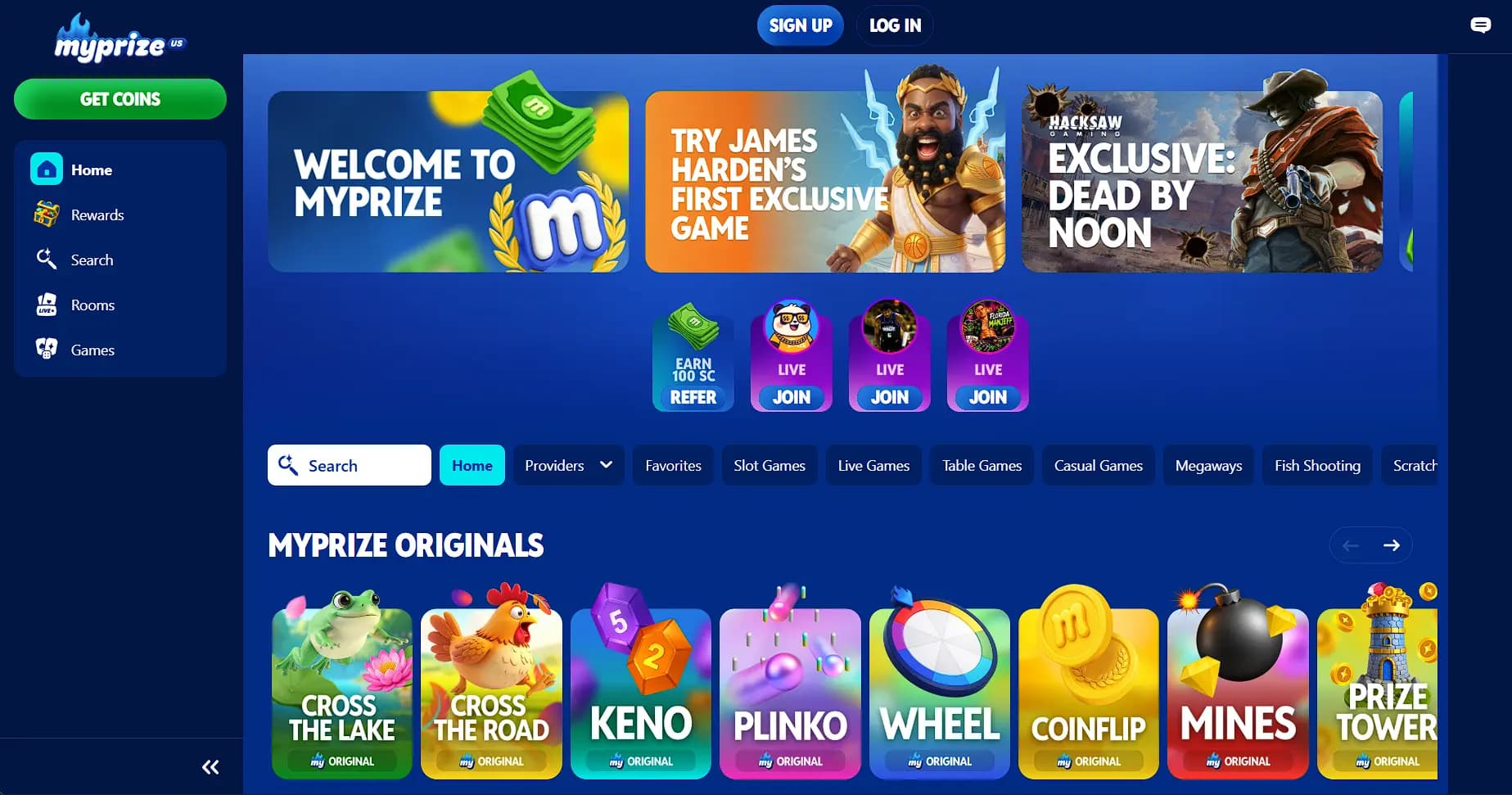screenshot of myprize casino home page
