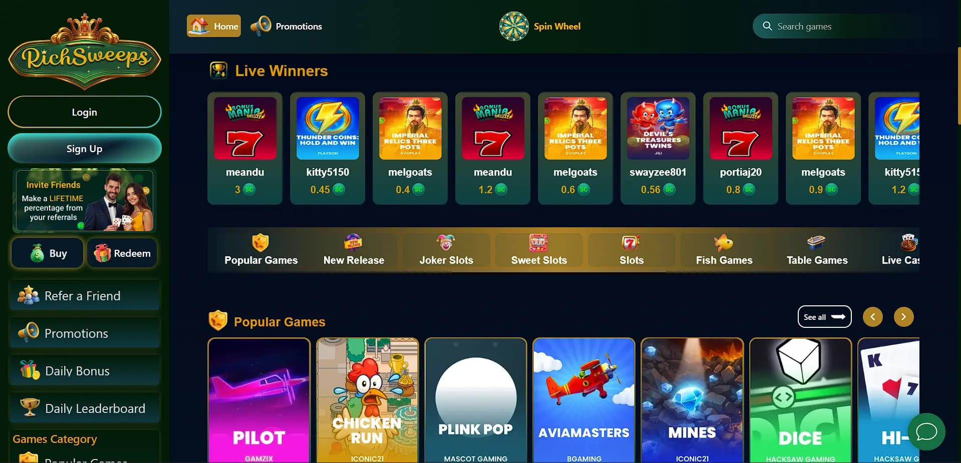 screenshot of rich sweeps home page