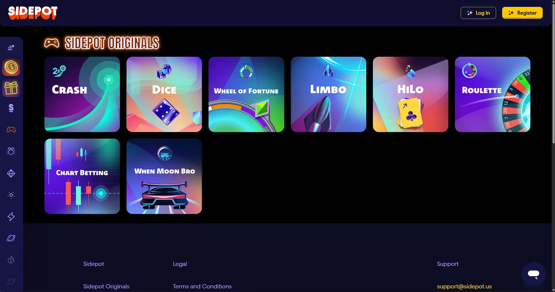 screenshot of sidepot originals page