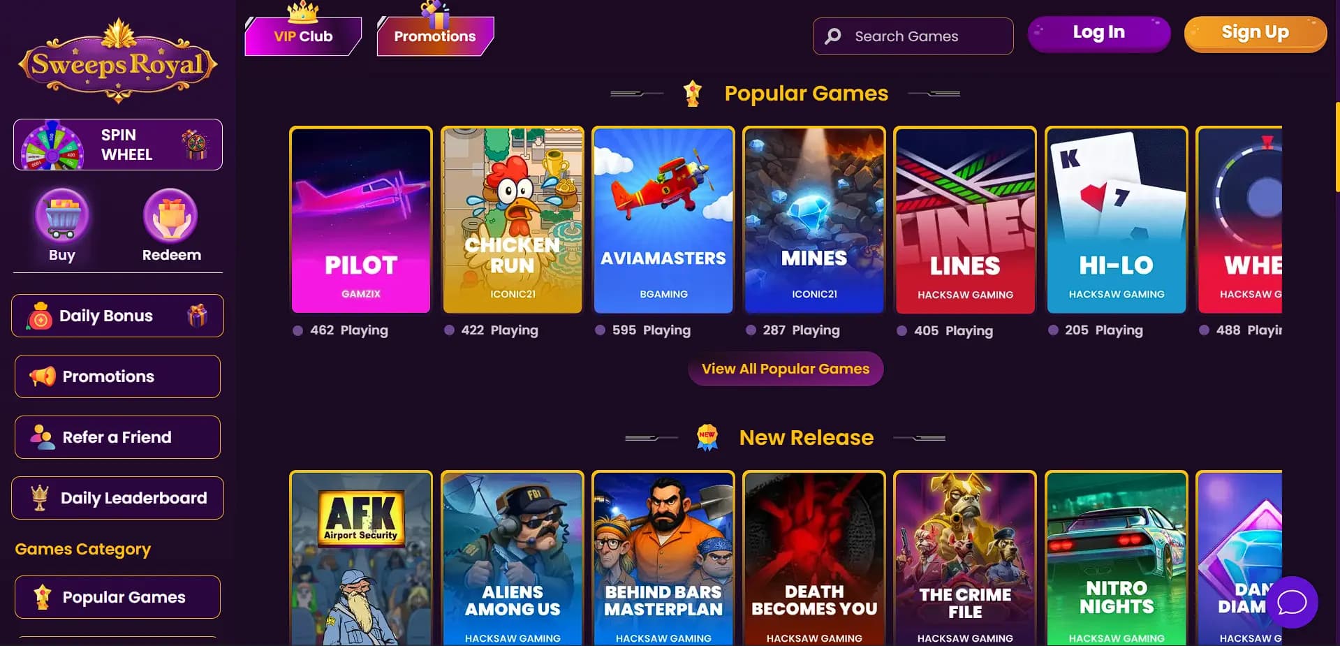 screenshot of richsweeps popular games page