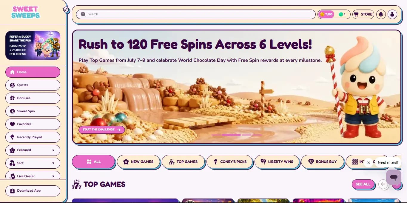 screenshot of sweetsweeps home page